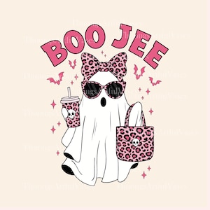 May include: A cartoon ghost with sunglasses and a leopard print bow, holding a drink and a tote bag, with the text "BOO JEE". The design features pink bats and stars.