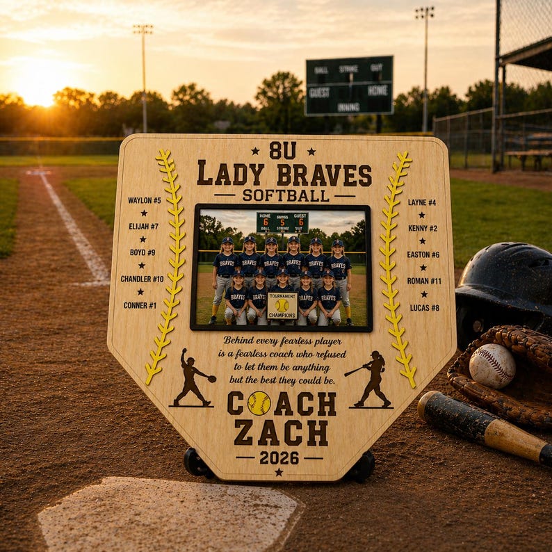 May include: A wooden softball team plaque in the shape of home plate. It features a team photo, player names, and the text "8U Lady Braves Softball." The plaque includes the coach's name, "Coach Zach," and the year "2026."