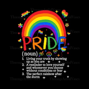 Può includere: Grafica colorata con un arco arcobaleno sopra la parola "PRIDE". La parola "(nome)" e tre definizioni sono sottostanti. Cuori, stelle e bandiere arcobaleno decorano lo sfondo nero, celebrando l'orgoglio LGBTQ+.