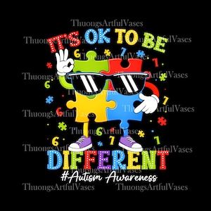 Op de afbeelding: Een kleurrijke afbeelding op een zwarte achtergrond met een puzzelstukje-personage met een zonnebril. De tekst luidt "IT'S OK TO BE DIFFERENT" en "#Autism Awareness". Een ontwerp voor autismebewustzijn.