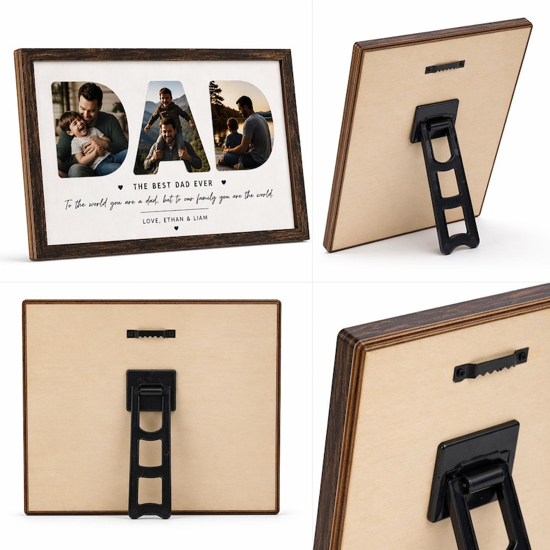 May include: A wooden picture frame with the word "DAD" cut out, revealing three family photos. The frame has a dark brown finish and includes the text "THE BEST DAD EVER" and a personalized message. It has a black easel back.