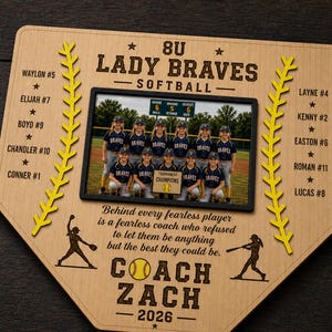 May include: A wooden baseball home plate-shaped plaque with a team photo. The plaque features the text "8U Lady Braves Softball" and player names. A yellow baseball and stitching design is on the plaque. The coach's name and year are also included.