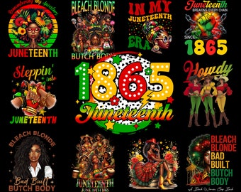 May include: A collection of 10 different designs for t-shirts celebrating Juneteenth. The designs feature black women, the year 1865, and the words "Juneteenth" and "Howdy".
