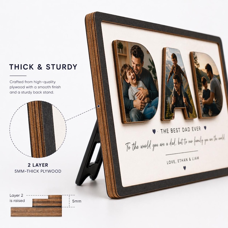 May include: A wooden photo frame with the word "DAD" in raised letters, each letter containing a family photo. The frame has a black border and a white background with text that reads "THE BEST DAD EVER". The frame is supported by a black stand.