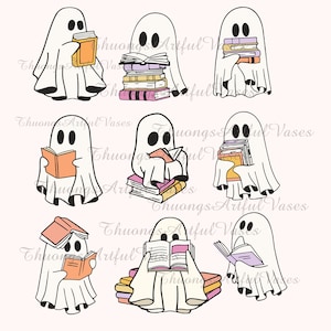 May include: Eight white ghosts with different coloured books. Some ghosts are holding books, while others are sitting on stacks of books. The ghosts are all smiling and have big eyes.