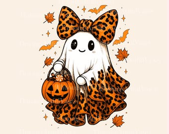 Preppy Ghost Boo PNG, Leopard Ghost PNG, Coquette Ghost Bow, Trick or Treat png, Spooky Season png, trendy Halloween-png, digitale download