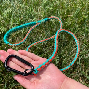May include: A turquoise and orange braided dog leash with a black carabiner clip. The leash is lying on green grass. The leash is made of a durable, woven material.