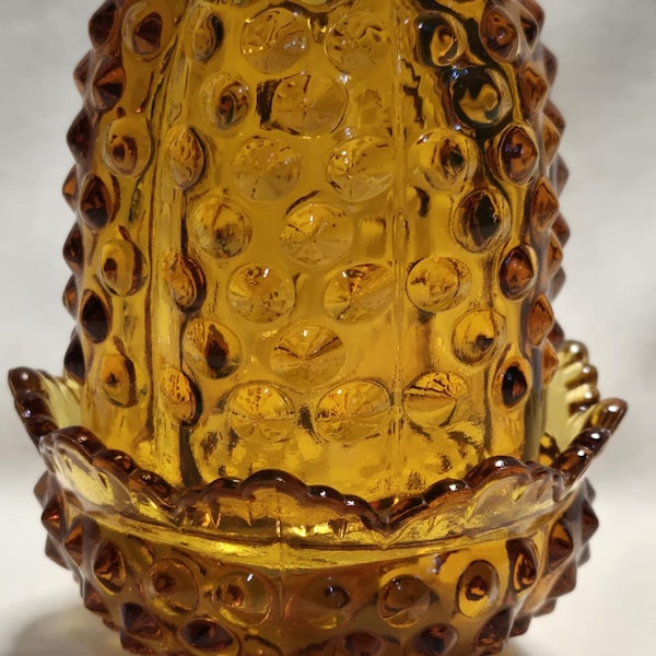Vintage Fenton Hobnail Amber Fairy Lamp Glass 4.75" MCM Ruffled Edge