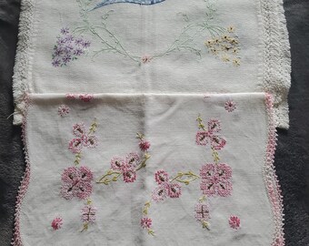 2 Vtg Hand Embroidered Dresser Scarves Table Runner MCM Cottagecore Floral/bird