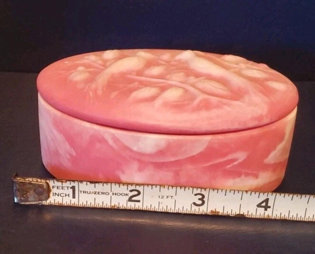 Pink Incolay Box Vintage Incolay Pink Stone Oval Carved Birds of Paradise on Branch ...