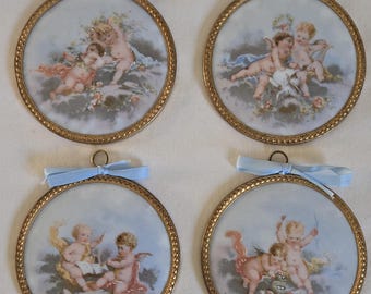 4 piezas antiguas de porcelana FM Limoges, Francia, con querubines y ángeles en medallón de loza decorada con transferencia.