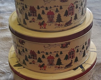 Vintage Artmark Chicago Set Of 3 Round Christmas Nesting Tins