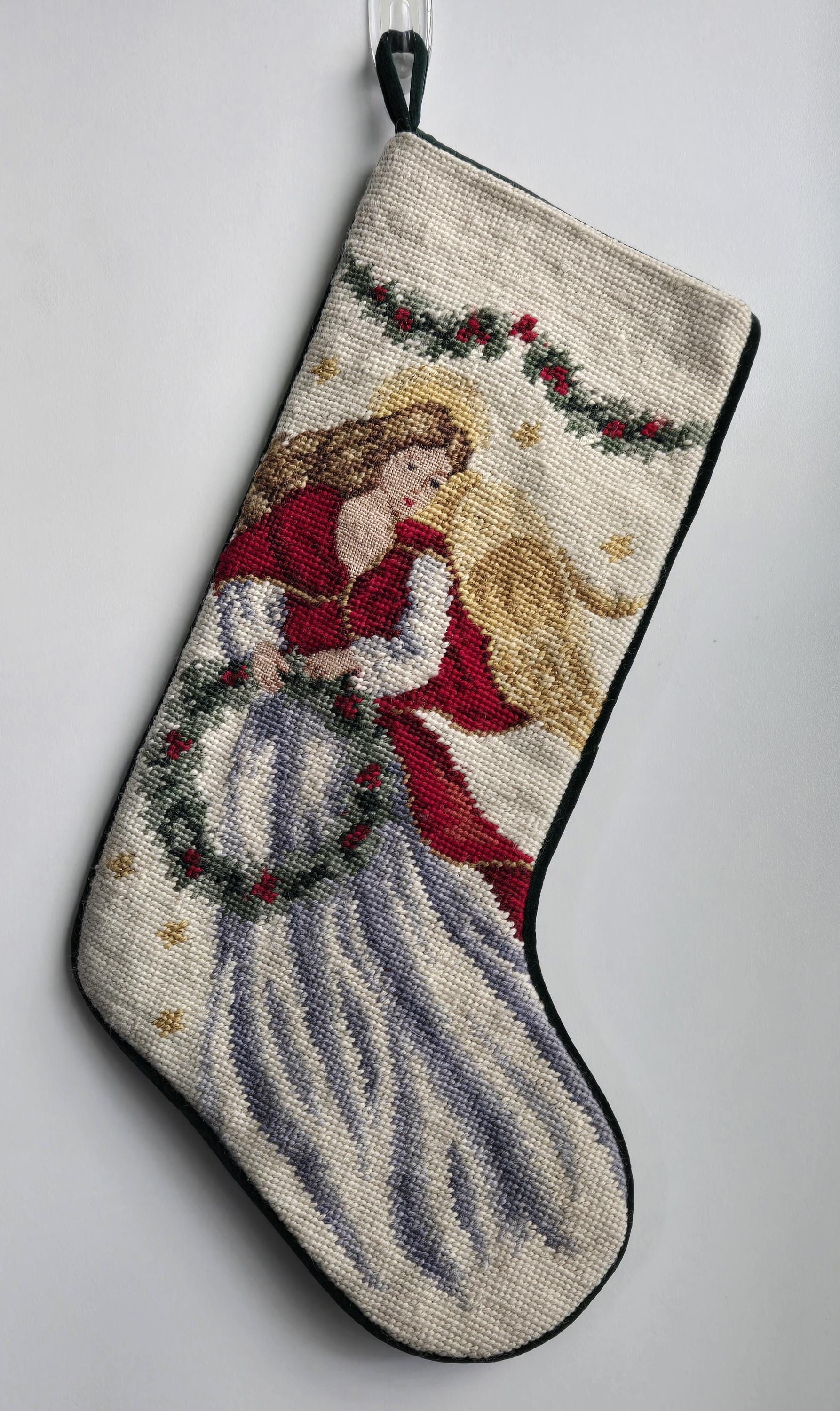 Lands End Wool Needlepoint Christmas Stocking Angel W/ Wreath Green Velvet Back