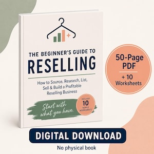 Op de afbeelding: Een digitale gids getiteld The Beginner's Guide to Reselling met een kledinghanger-icoon, met tekst over inkopen, onderzoeken, aanbieden en verkopen. Bevat een pdf van 50 pagina's, 10 werkbladen en een vermelding dat het een digitale download betreft.
