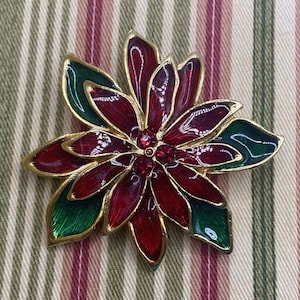 Red And Green Enamel Holiday Poinsettia Brooch/Pin Gorgeous - Vintage
