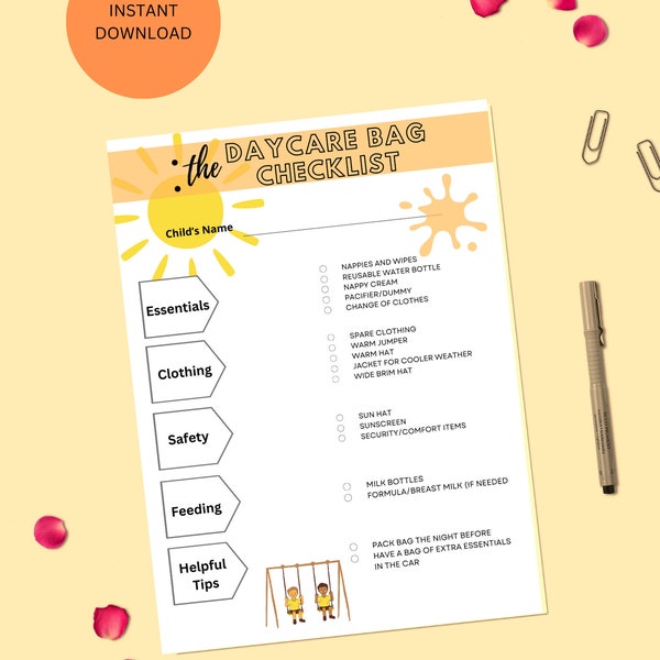 Daycare checklist, childcare essentials for school bag, daycare planner 2024, children's bag routine, parent weekly planner