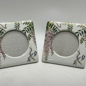 Vintage White Porcelain Purple Floral Photo Frames With Blue Birds Made In Japan