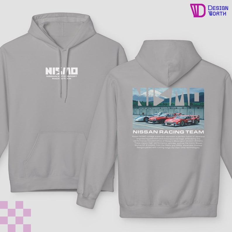 May include: A light gray hoodie with a front and back design. The front features the word "NISMO" in white. The back displays a graphic of race cars with the text "NISSAN RACING TEAM" and additional text below. The hoodie has a drawstring hood.