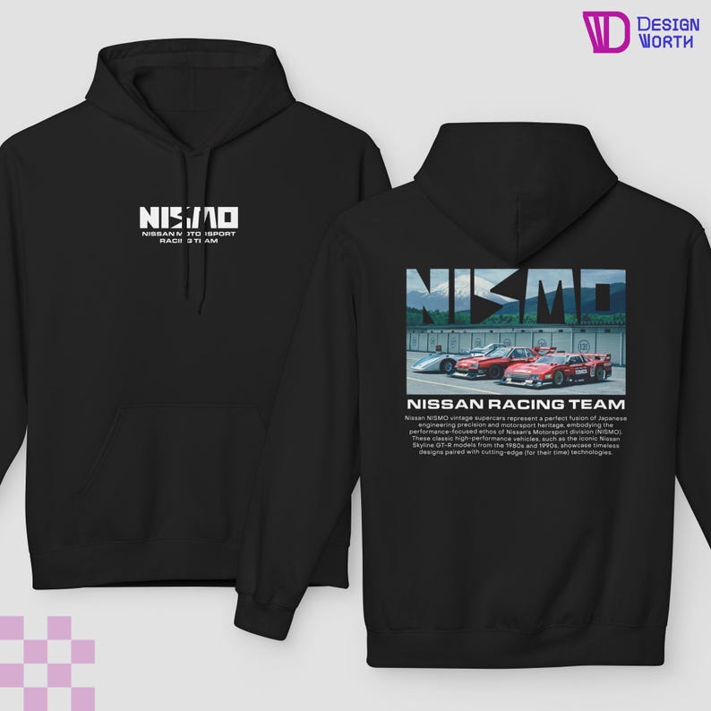 May include: Black hoodie with a white NISMO logo on the front and a graphic of racing cars on the back. The back graphic includes the text "NISSAN RACING TEAM". The hoodie has a hood and a front pocket.