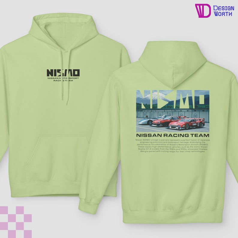 May include: Light green hoodie with a front pocket and hood. The front features the black text "NISMO" above "NISSAN JDM SPORT RACING TEAM". The back displays a graphic of red and white race cars with the text "NISSAN RACING TEAM".
