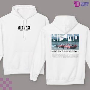 May include: White hoodie featuring the NISMO logo on the front and a graphic of Nissan race cars on the back. The hoodie includes a front pocket and a drawstring hood. The text "Nissan Nismo Racing Team" is also visible.