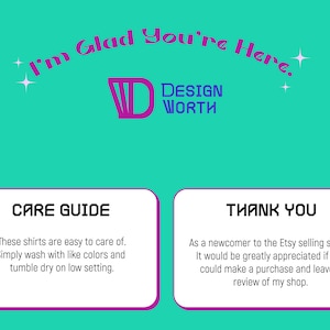以下が含まれることがあります： 「I'm Glad You're Here.」と「DESIGN WORTH」というテキストが書かれたピンクとパープルのグラフィック。グラフィックには、シャツの洗濯と乾燥に関するケアガイドと、購入とレビューに対する感謝のメッセージが書かれたケアガイドも含まれています。