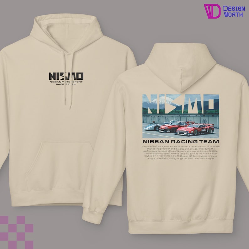 May include: Cream-colored hoodie with the text "NISMO" on the front and a graphic of race cars with the text "NISSAN RACING TEAM" on the back. The hoodie has a hood and a front pocket.