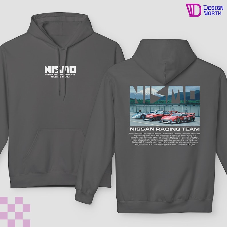 May include: Dark gray hoodie featuring the text "NISMO" and "NISSAN NISSAN MOTORSPORT RACE TEAM" on the front. The back displays a graphic of Nissan race cars with the text "NISSAN RACING TEAM".
