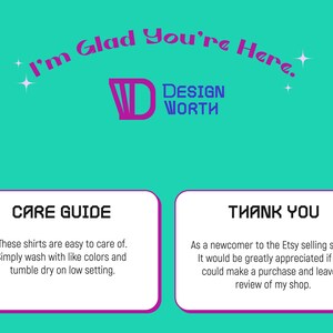 May include: A teal background with the text "I'm Glad You're Here." and "DESIGN WORTH." Below are two white rectangles with text. One says "CARE GUIDE" and the other says "THANK YOU."
