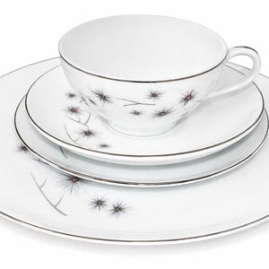 Puede incluir: Un juego de té de porcelana blanca con taza y platillo, con un plato llano y un plato de ensalada a juego. El juego presenta un delicado diseño floral negro y gris y un fino ribete negro. Un juego de vajilla clásico y elegante.