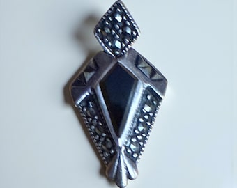 Vintage Estate Sterling Silver Black Onyx and Marcasite Kite Pendant 1990s Era