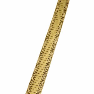 May include: A gold-toned watch band with a rectangular link design. The band is made of metal and features a clasp closure. The watch band is shown against a white background.