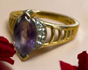 Anello vintage in oro giallo 10 carati con ametista e diamanti - anni '80