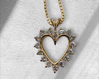 Collar con colgante de corazón de diamantes en oro de 14 quilates • Cadena tipo caja de 50 cm • Regalo vintage de diamantes brillantes