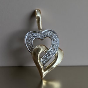 Vintage Estate 10K Yellow & White Gold Double Heart Pendant with Diamonds Accents. perfect gift for birthday, anniversary or wedding present