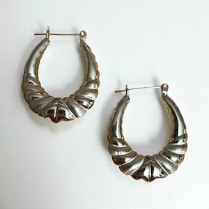 Vintage 14K Gold Textured Hoop Earrings | 1980s–90s Estate Earrings | 3.08g Sculpted Yellow Gold Hoops | 30mm x 25mm | Shrimp Style | Bold