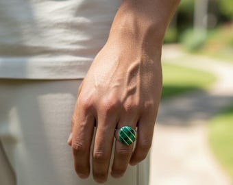 Bague Chevalière Acier Malachite Véritable