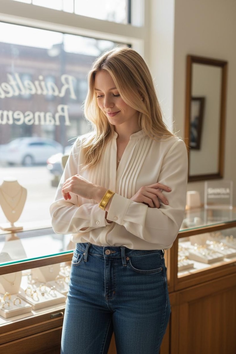 May include: A gold-colored bracelet with a textured design is worn on a wrist. The person is wearing a white blouse and blue jeans. Jewelry store display cases are visible in the background.