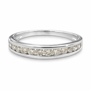 Vintage 14 kt witgouden diamanten bandring met kanaalset | Estate diamanten trouwring | Minimalistische stapelringmaat 10