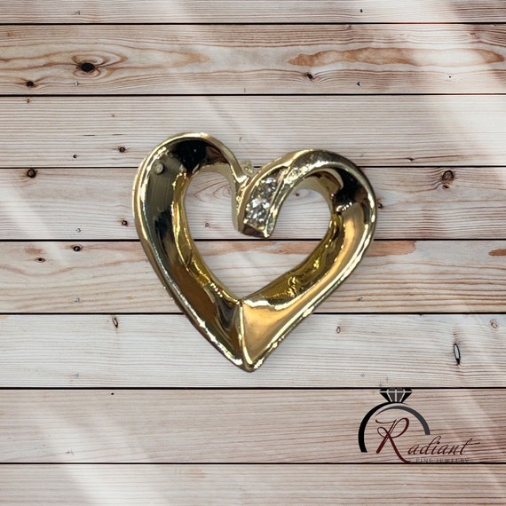 Vintage Diamond Heart Pendant: 14K Yellow Gold Open Heart Charm