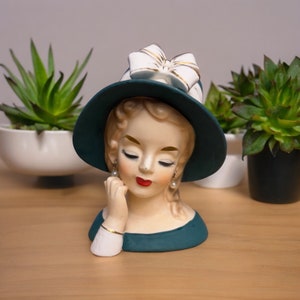 Shafford Japan 4151 Vintage Retro Turquoise Lady Head Vase Planter  With Double Bow And Pearl Drop Earrings