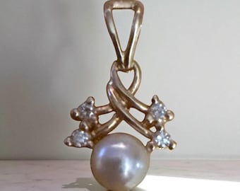 Vintage 14k Yellow Gold Pearl & Diamond Ribbon Pendant