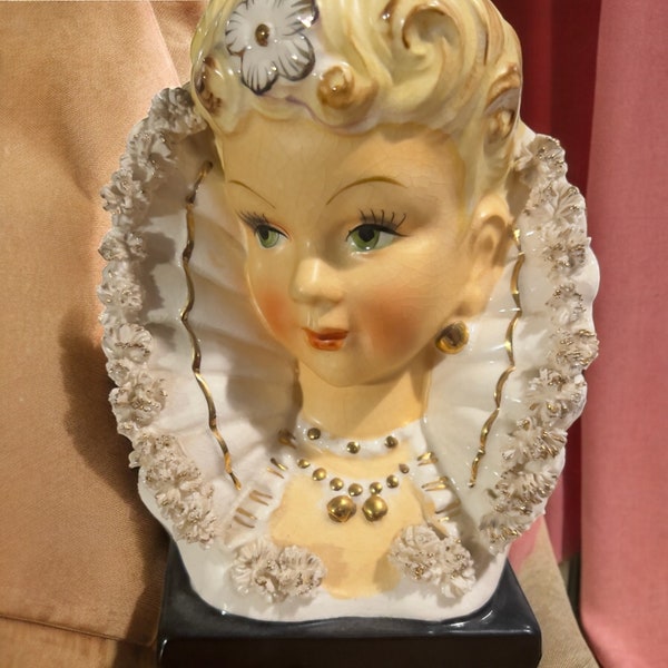 RARE Vintage Lady Head Vase Blonde Hair Large White Victorian Style Collar With Gold Trim Unmarked