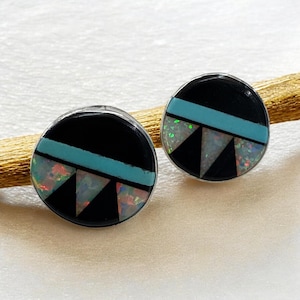 Vintage Sterling Silver Onyx, Creative Opal & Turquoise Inlay Earrings – Post Style – Pierced Ears - Button Southwest Native Style