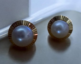 Vintage 14kt Gold Pearl Stud Earrings: Bezel Set, 1990s Jewelry
