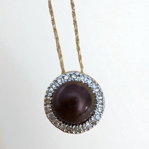 Vintage 10k Gold Loose Rope Chain Necklace with Dark Freshwater Pearl and Natural Diamond Halo Pendant Estate Fine Jewelry Gift. Gift