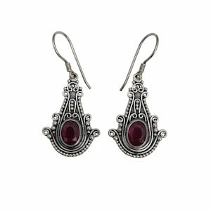 Vintage Sterling Silver Synthetic Ruby Earrings Dangle 925 Filigree Boho Drop Earrings Oval Red Stone Gift for Her