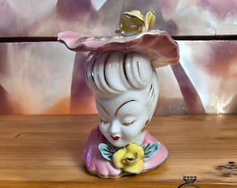 Vintage Lefton Lady Head Vase: Pink Hat, Gold Highlights, Floral Planter