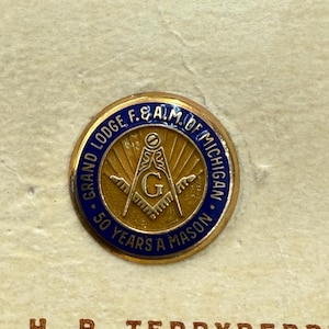 Vintage 50-Year Freemason Lapel Pin – Grand Lodge F.&A.M. of Michigan – Gold-Filled 14mm. Brooch, Tie Tack.  Mason, Masonic