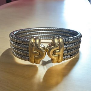 Vintage estate authentic Bulgari Bvlgari Parentesi Tubogas Cuff Bracelet 18kt yellow gold and stainless steel. Perfect birthday gift Italian